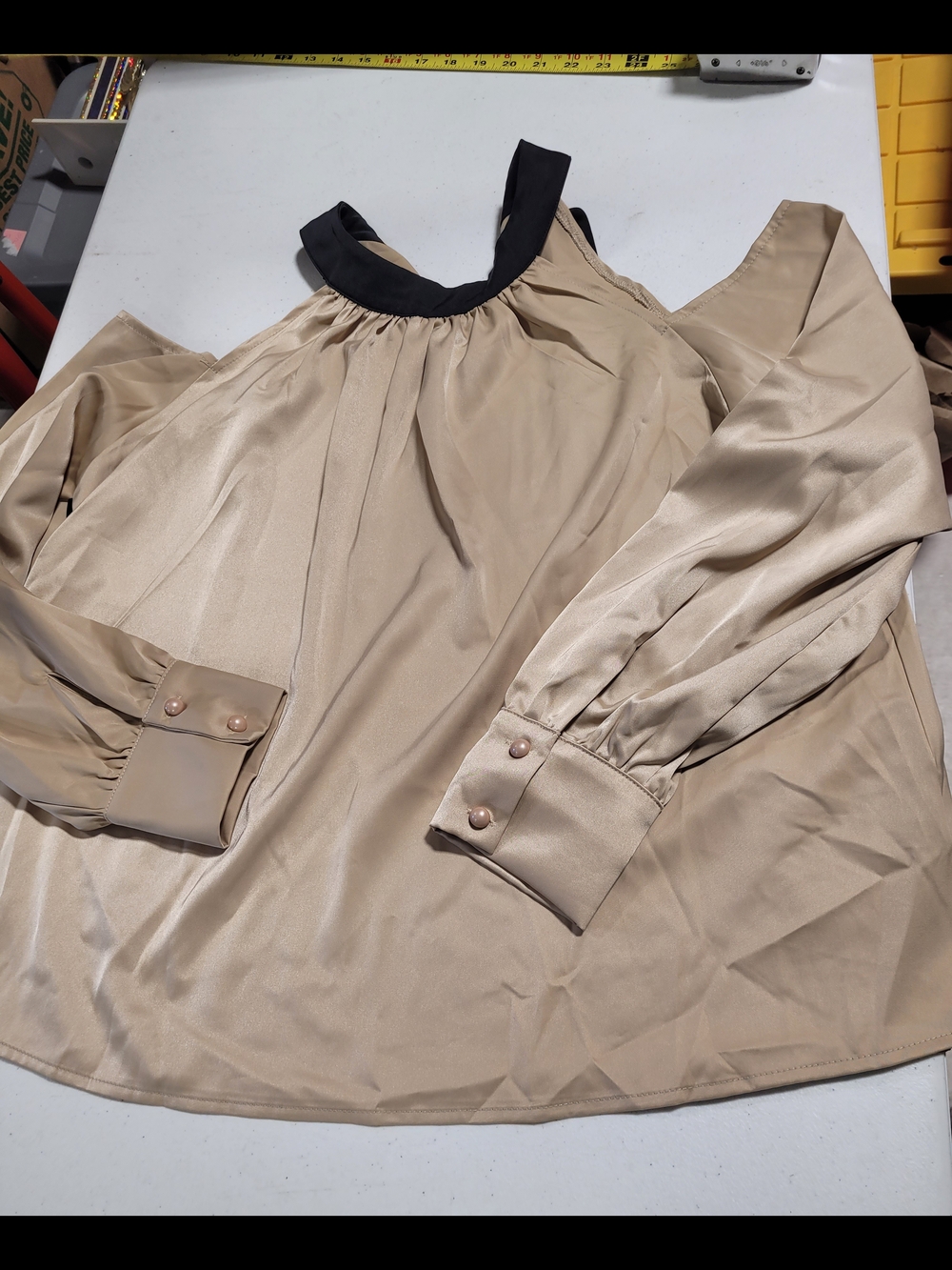 Satin Beige Blouse with Black Neckband